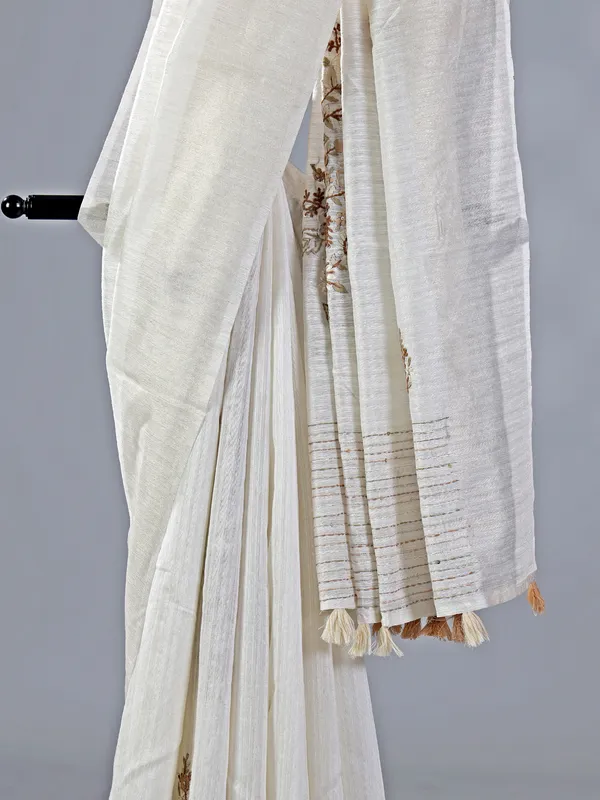 Off white thread worked saree in cotton silk
