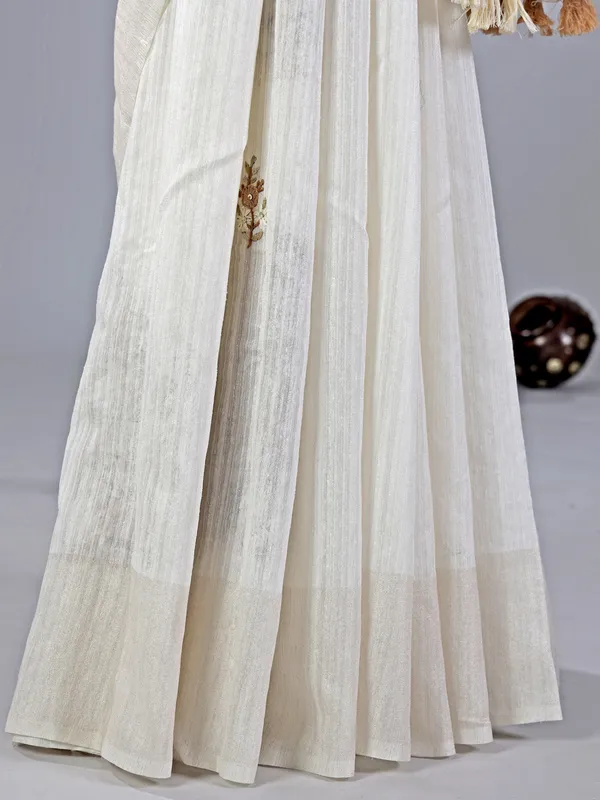 Off white thread worked saree in cotton silk
