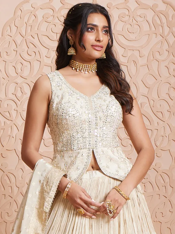 Off white tissue lehenga with ready made blouse
