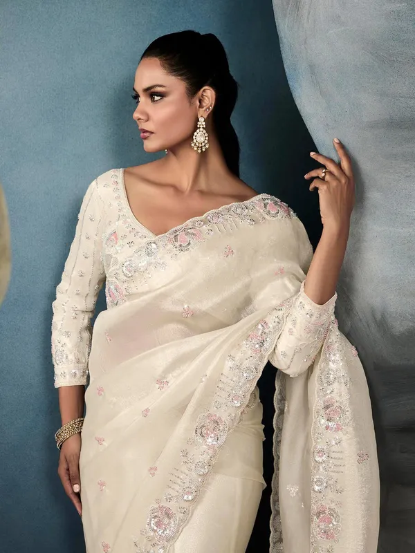 Off white tissue silk saree for wedding wear with resham work