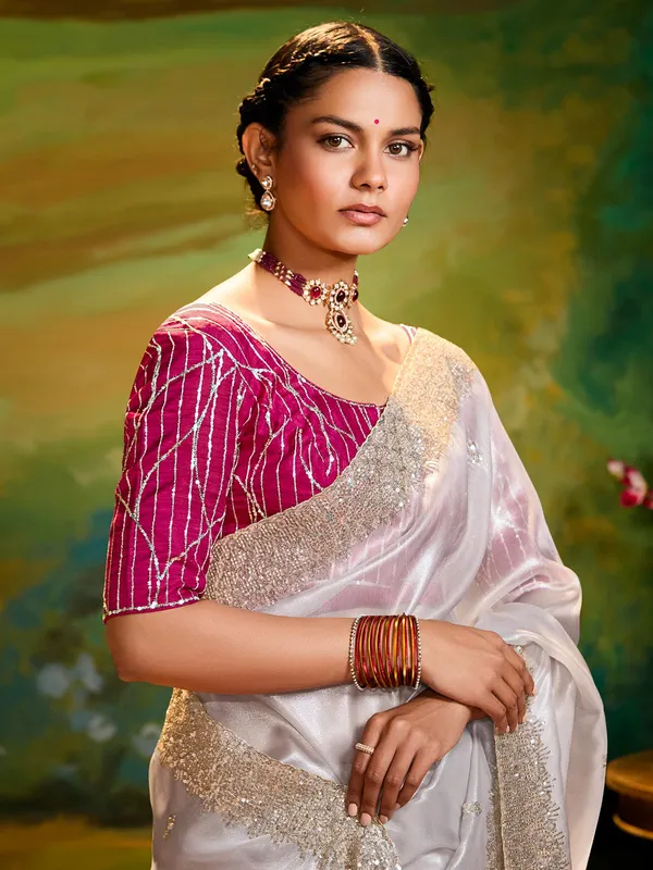 Off white tissue silk saree with resham work