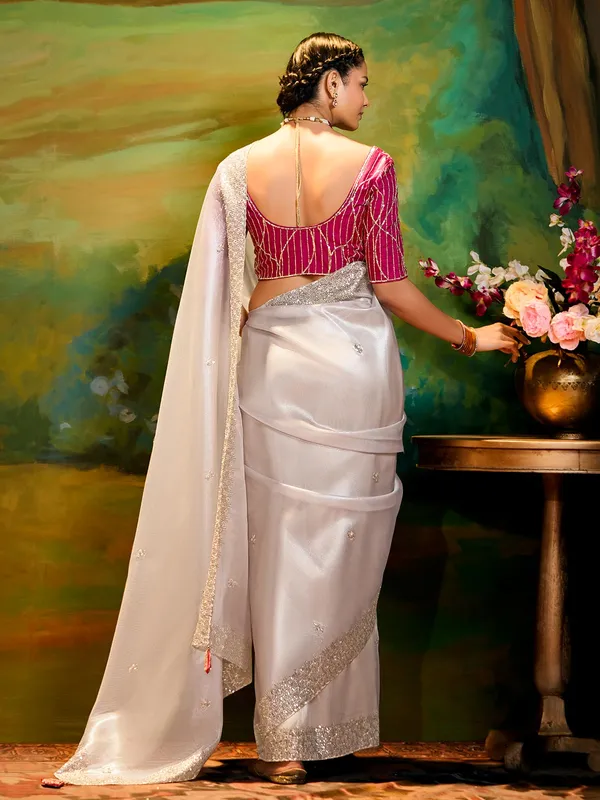 Off white tissue silk saree with resham work