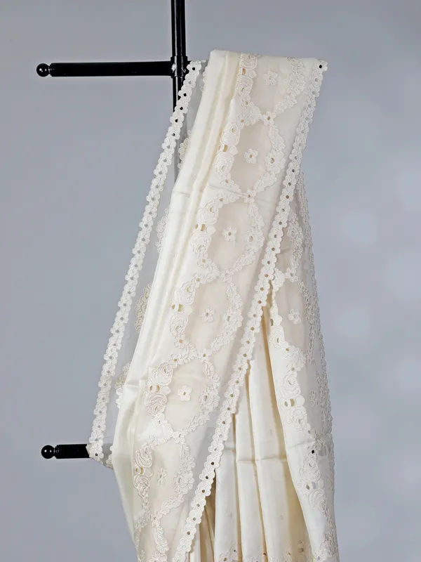 Off white tusser silk saree with cut work