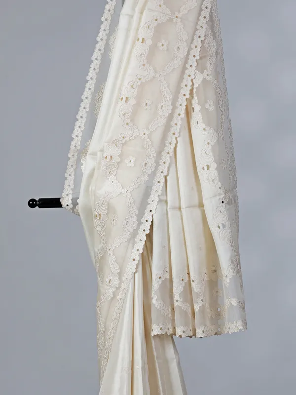 Off white tusser silk saree with cut work