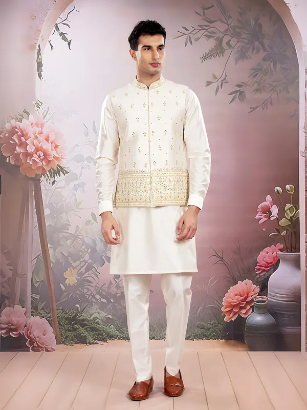 Off white weddign wear silk waistcoat set for men
