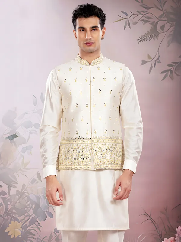 Off white weddign wear silk waistcoat set for men