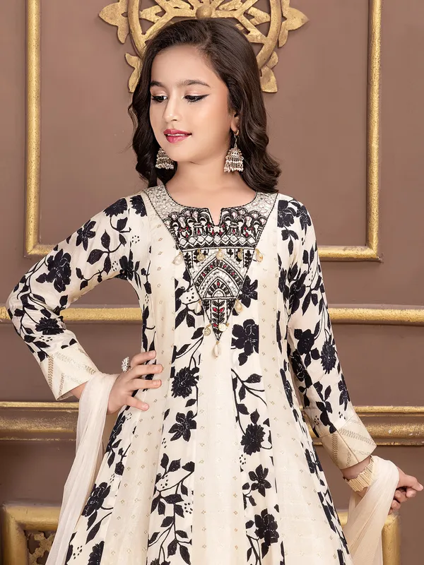 Off white wedding wear printed silk elegant gown