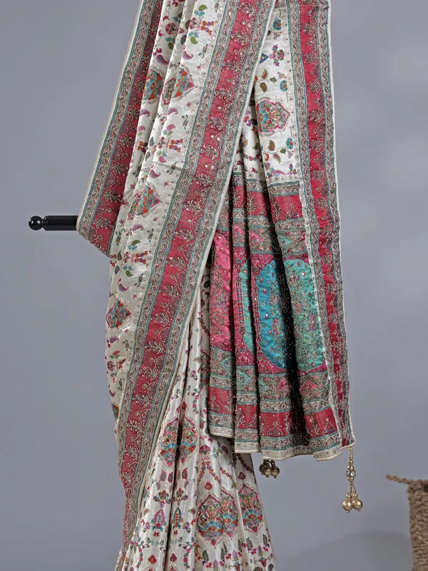 Off white zari weaving wedding wear saree