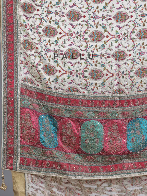 Off white zari weaving wedding wear saree