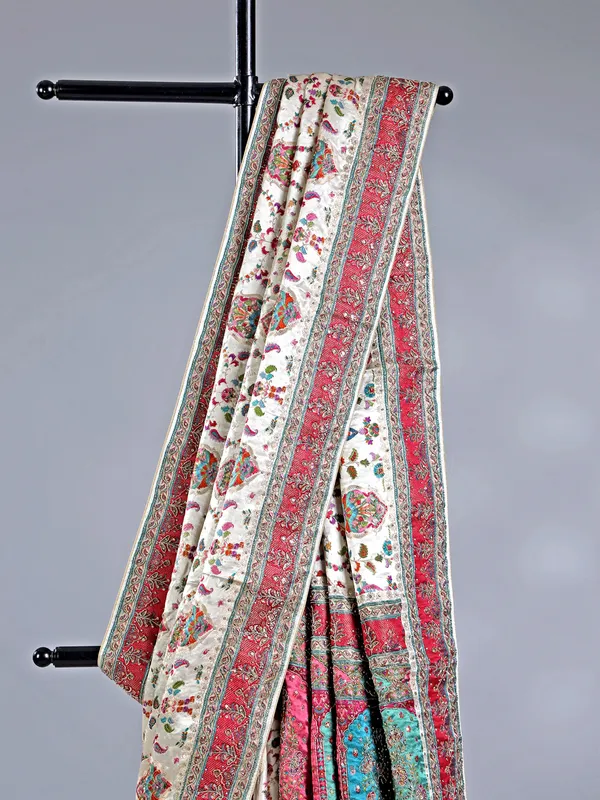 Off white zari weaving wedding wear saree