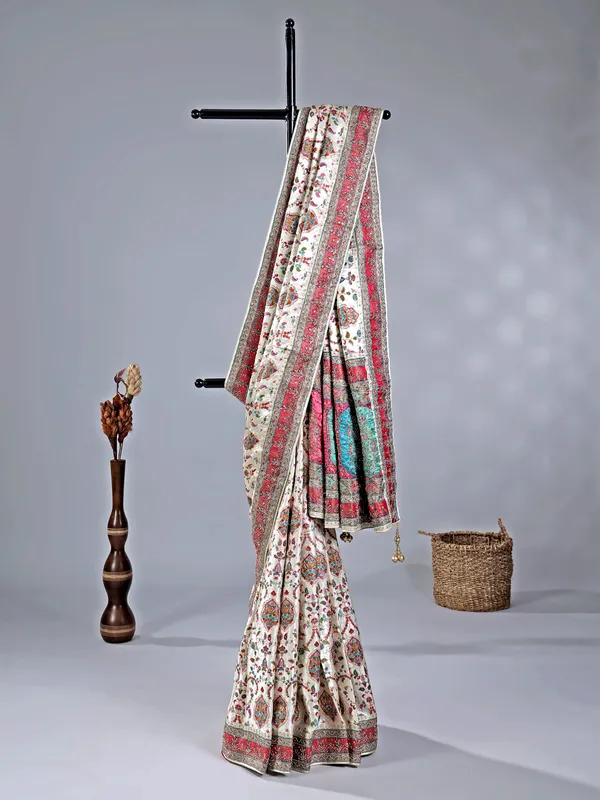 Off white zari weaving wedding wear saree