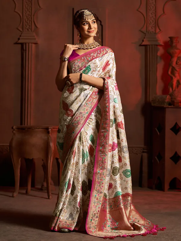 Off white zari woven minakari silk saree