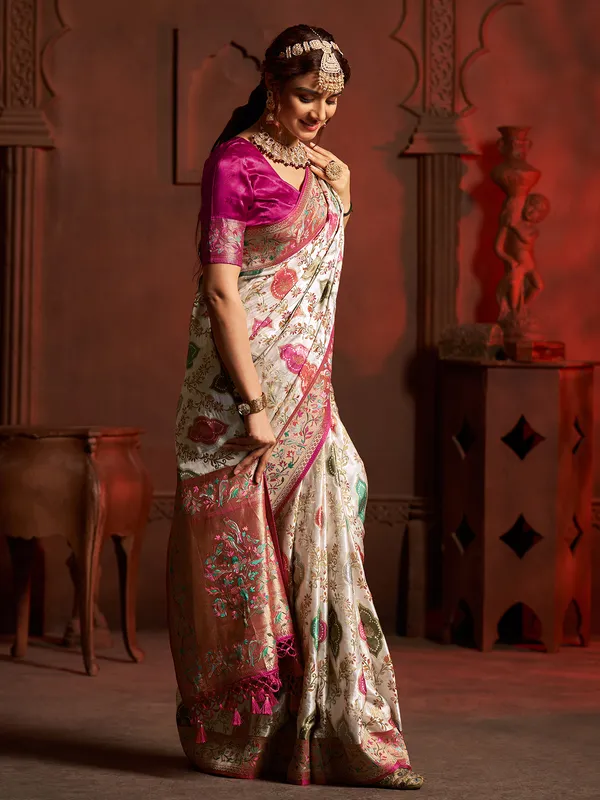 Off white zari woven minakari silk saree