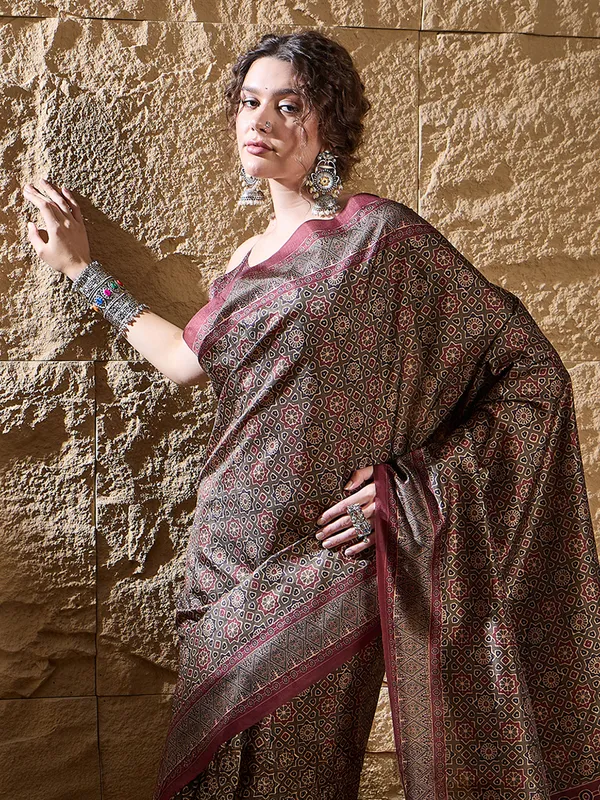 Olive ajrakh printed saree in bhagalpuri silk