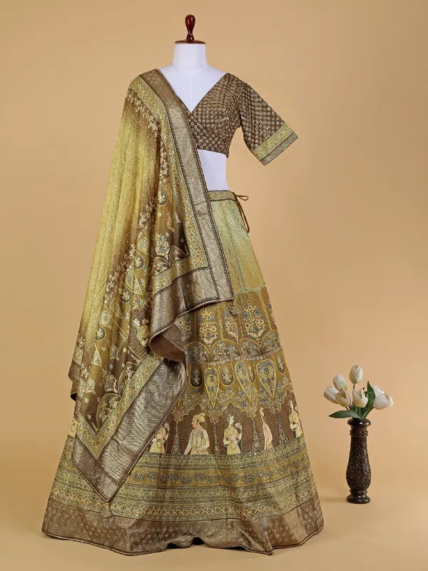 Olive and brown printed silk lehenga choli