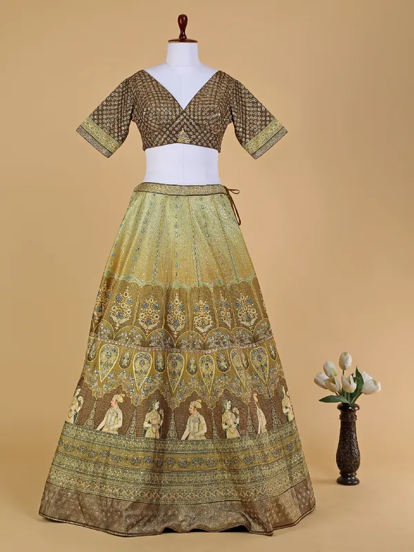 Olive and brown printed silk lehenga choli