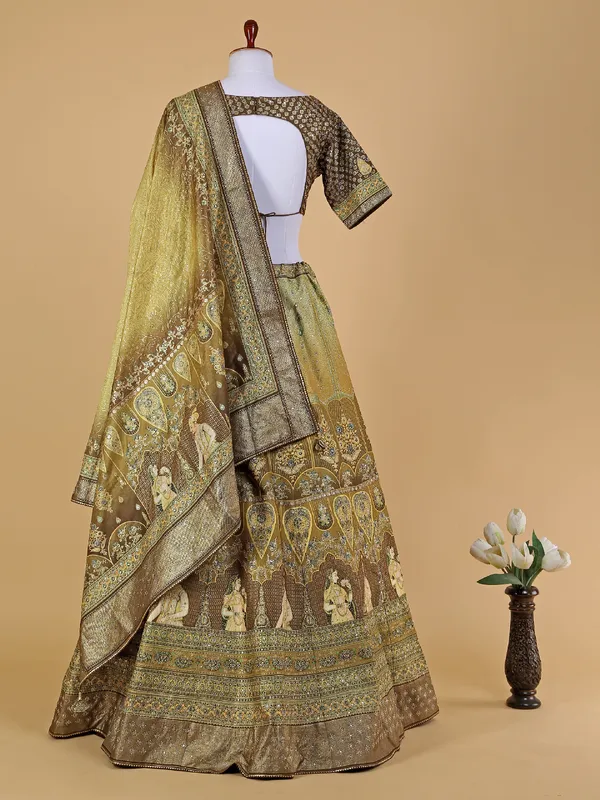 Olive and brown printed silk lehenga choli