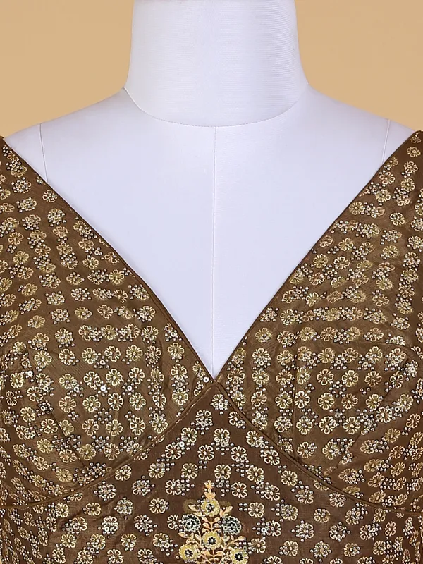 Olive and brown printed silk lehenga choli