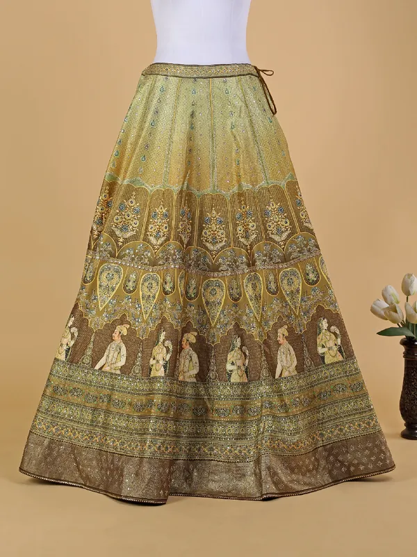 Olive and brown printed silk lehenga choli