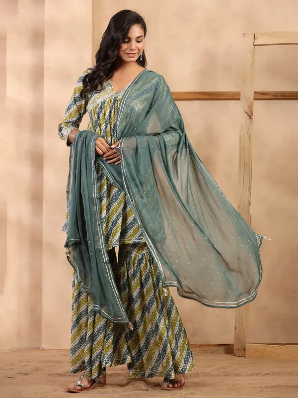 Olive printed soft silk sharara set