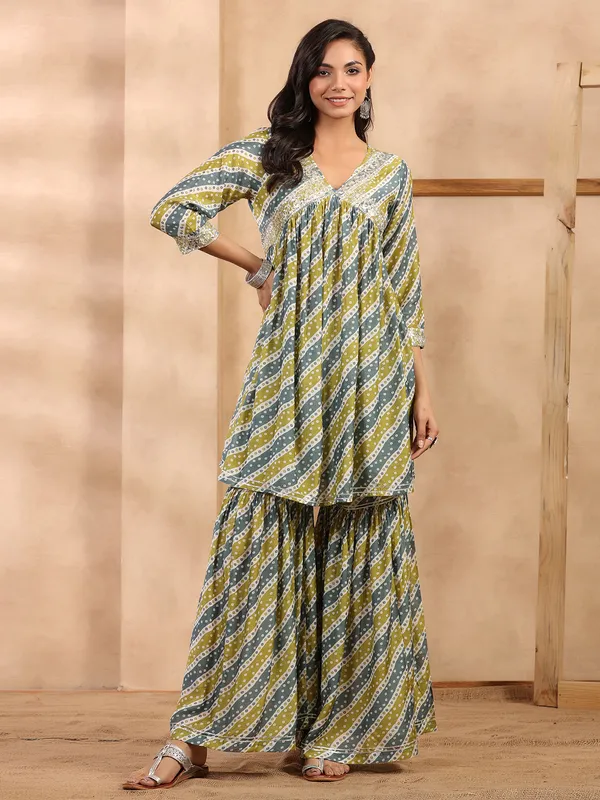 Olive printed soft silk sharara set