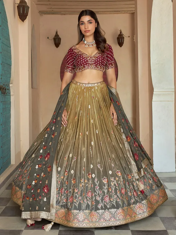 Olive and grey shaded silk lehenga choli