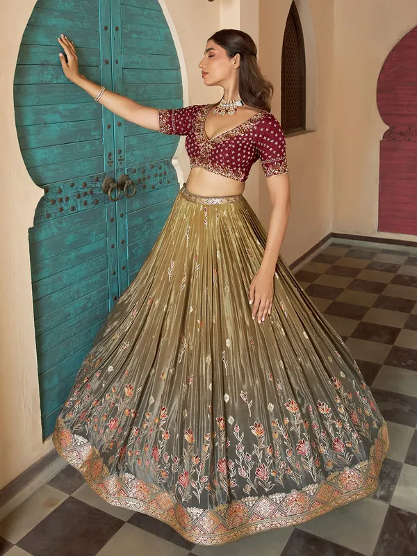 Olive and grey shaded silk lehenga choli
