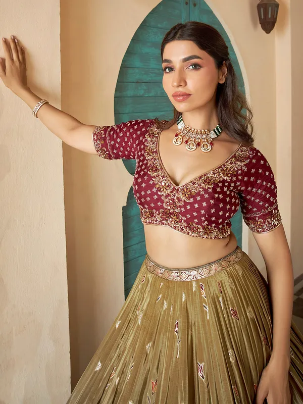 Olive and grey shaded silk lehenga choli