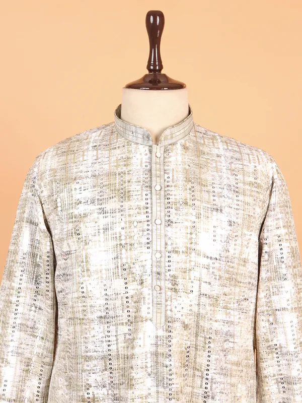 Olive and off white kurta suit in embroidery for men