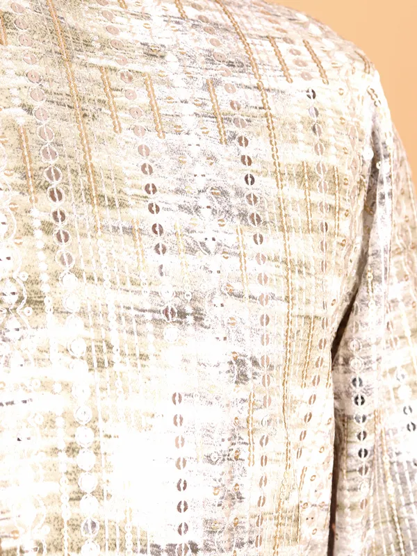 Olive and off white kurta suit in embroidery for men