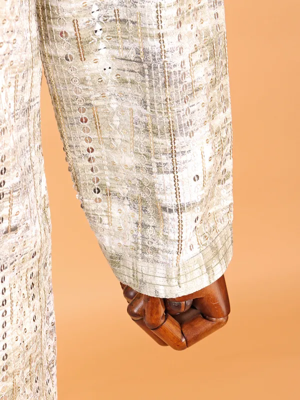 Olive and off white kurta suit in embroidery for men