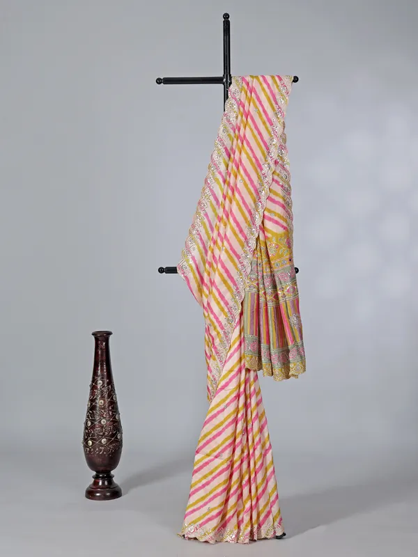 Olive and pink crepe silk printed saree
