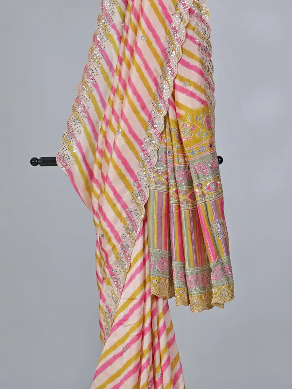 Olive and pink crepe silk printed saree