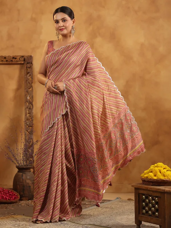 Olive and pink printed silk festive saree