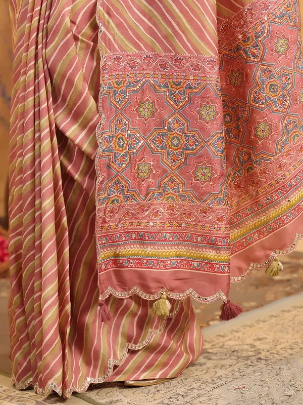 Olive and pink printed silk festive saree