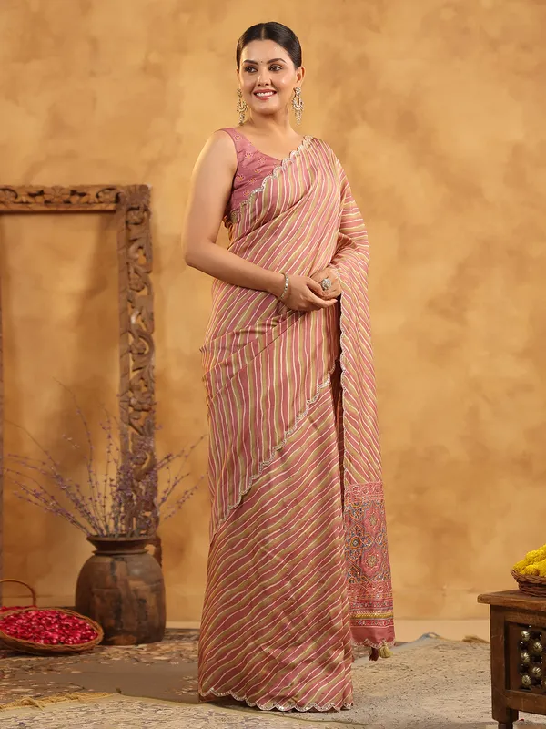Olive and pink printed silk festive saree