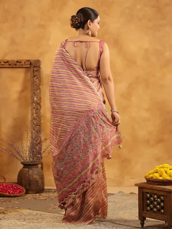 Olive and pink printed silk festive saree