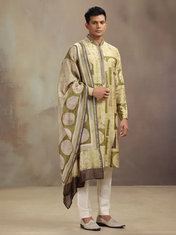 Olive banarasi silk printed kurta suit with dupatta