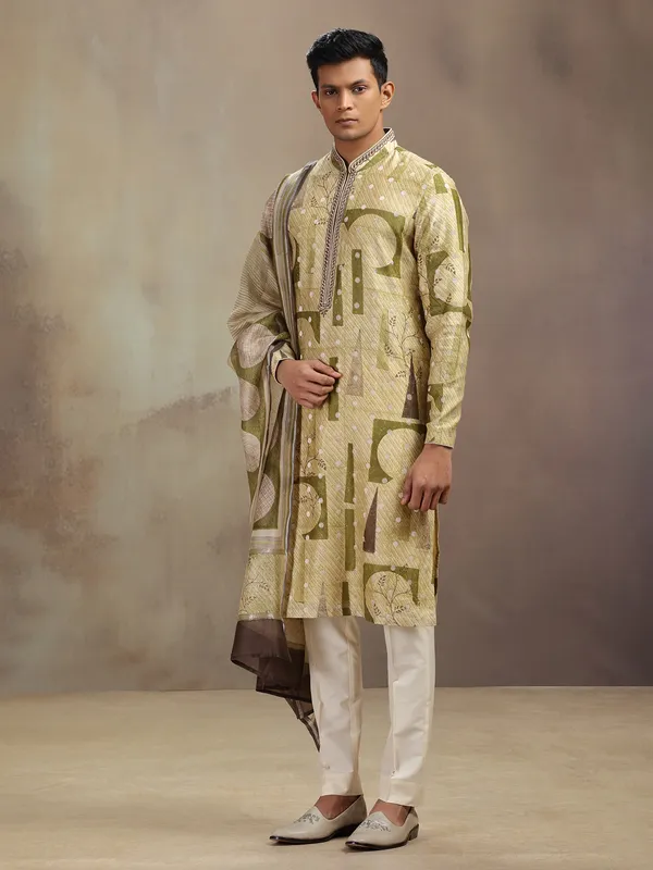 Olive banarasi silk printed kurta suit with dupatta