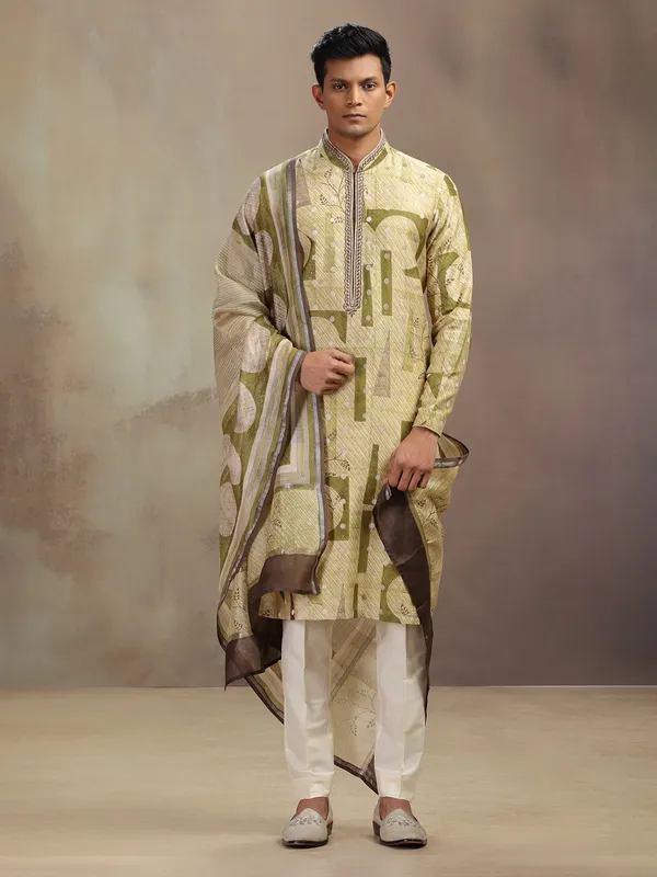 Olive banarasi silk printed kurta suit with dupatta