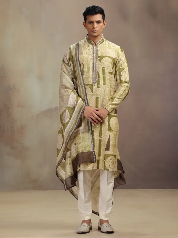 Olive banarasi silk printed kurta suit with dupatta