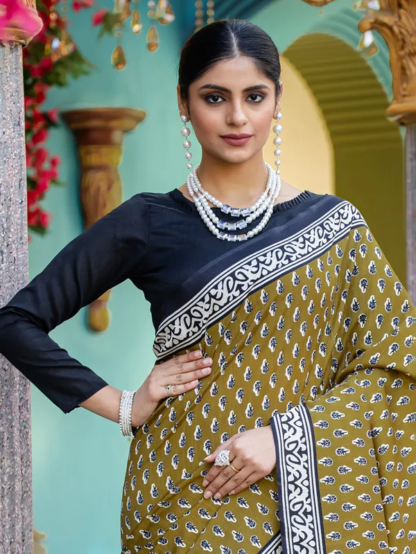 Olive bhagalpuri silk saree with prints