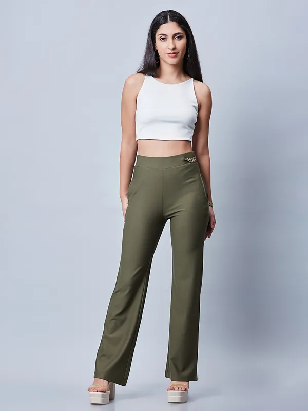 Olive cotton plain pant