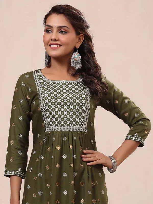 Olive cotton printed kurti