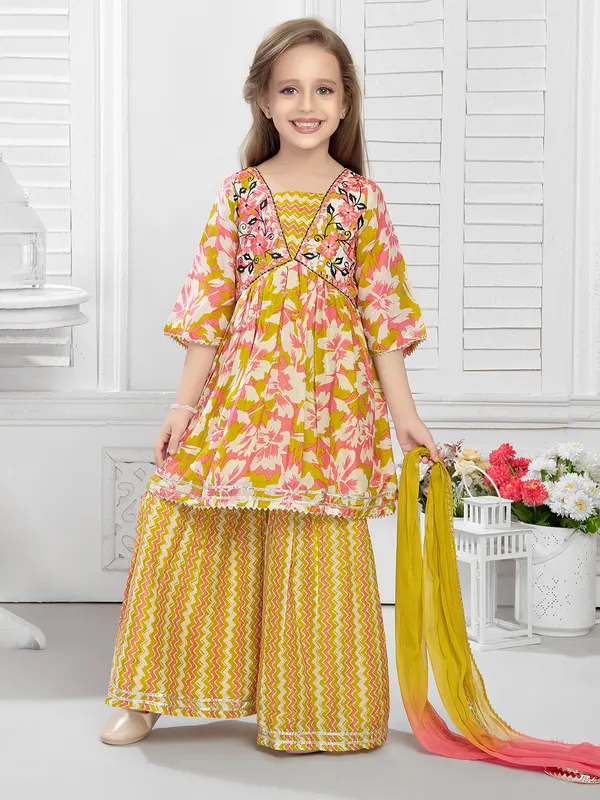 Olive cotton printed palazzo set with dupatta