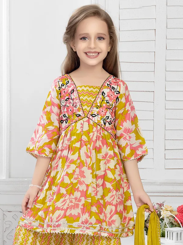 Olive cotton printed palazzo set with dupatta