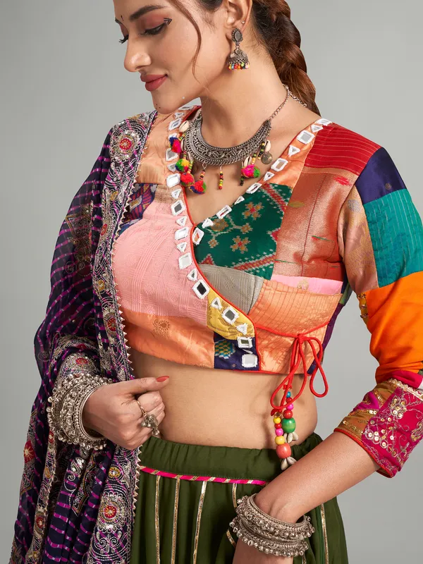 Olive cotton silk chaniya choli for navratri