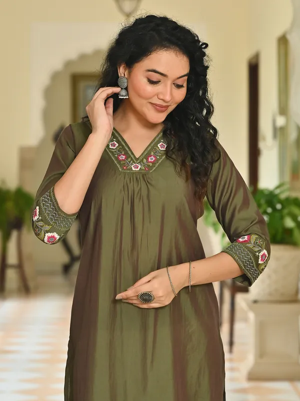 Olive cotton silk embroidered V neck kurti