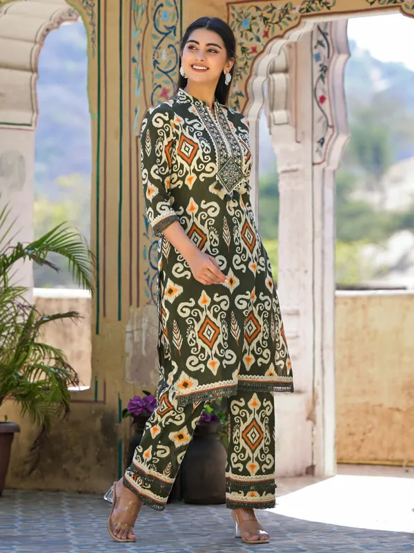 Olive cotton silk kurti set in printed