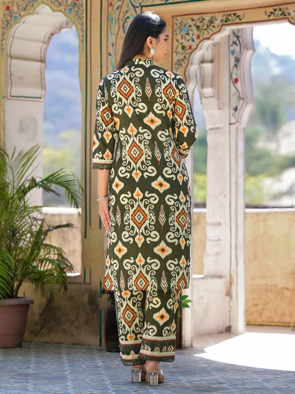 Olive cotton silk kurti set in printed